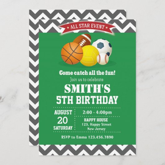 Sport Verjaardag Uitnodiging (Voorkant / Achterkant)