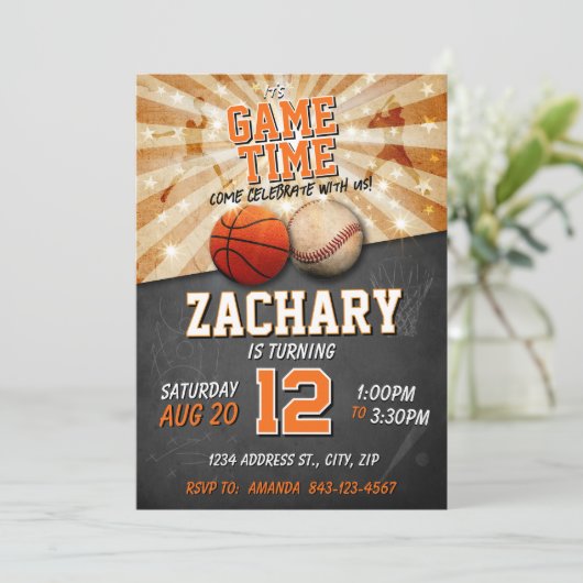 Sport verjaardag uitnodiging Basketbal (Staand voorkant)