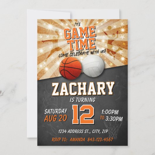 Sport Verjaardag Uitnodiging Basketbal & Volleybal (Voorkant)