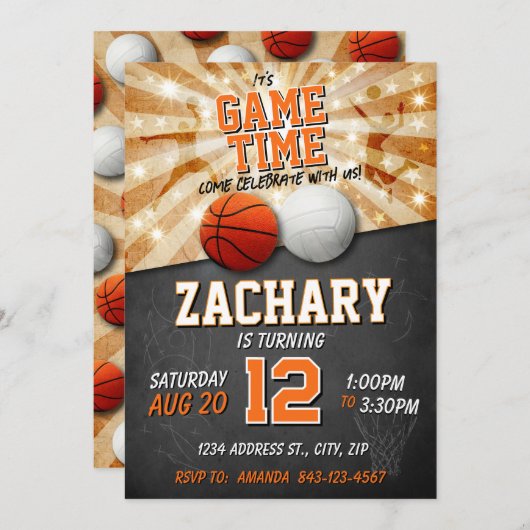 Sport Verjaardag Uitnodiging Basketbal & Volleybal (Voorkant / Achterkant)
