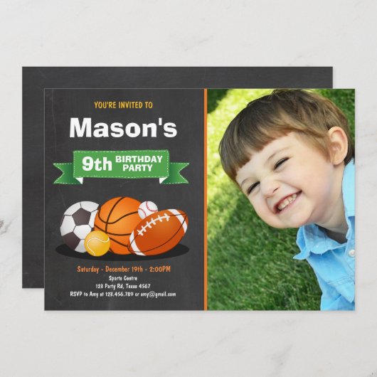 Sport verjaardag uitnodiging Party jongens All sta (Voorkant / Achterkant)