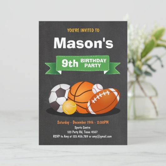 Sport verjaardag uitnodiging Party jongens All sta (Staand voorkant)