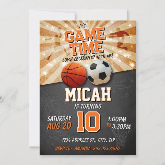 Sport verjaardag uitnodiging voetbal basketbal (Voorkant)