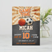 Sport verjaardag uitnodiging voetbal basketbal (Staand voorkant)