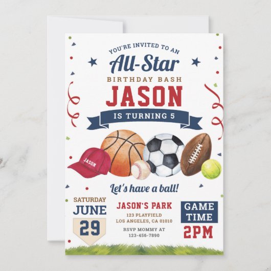 Sport Verjaardagsfeest All Star Moderne uitnodigin Kaart (Voorkant)
