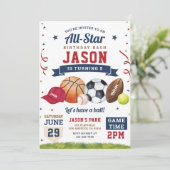 Sport Verjaardagsfeest All Star Moderne uitnodigin Kaart (Staand voorkant)