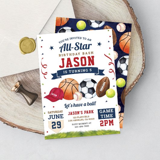 Sport Verjaardagsfeest All Star Moderne uitnodigin Kaart