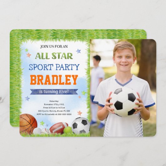 Sport verjaardagsfoto uitnodigingen (Voorkant / Achterkant)