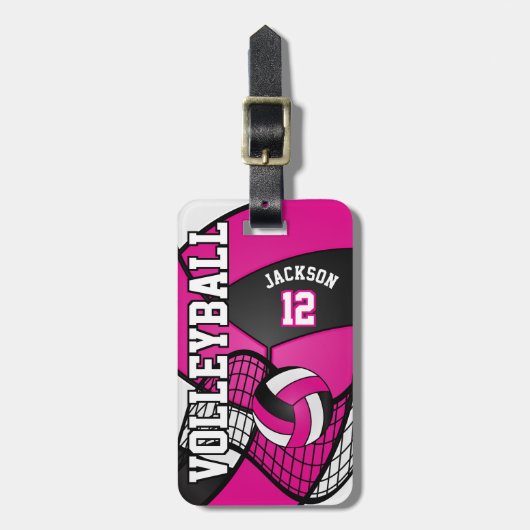Sport Volleyball 🏐 - Hot Pink, Black & White Bagagelabel (Voorkant verticaal)