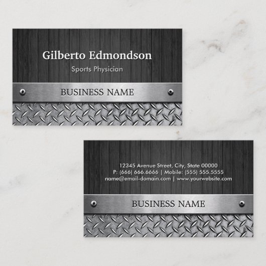 Sportarts - hout en metaallook visitekaartje (Voorkant / Achterkant)