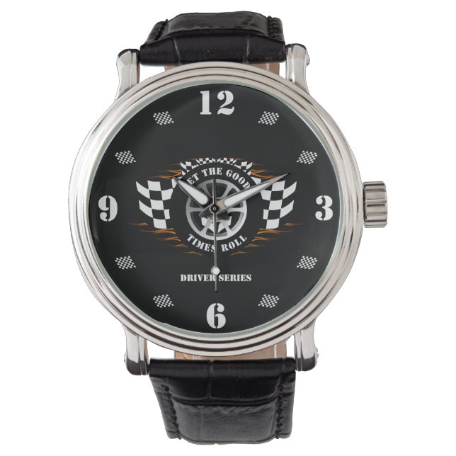 Sportauto Racing Wiel geruit Vlag Vlammen Pro Horloge (Voorkant)