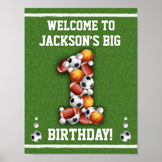 Sportballen 1e Verjaardag Welkomstbord Poster (Voorkant)