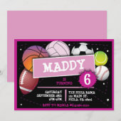 SPORTBALLEN MEISJES Verjaardagsfeest Uitnodiging (Voorkant / Achterkant)