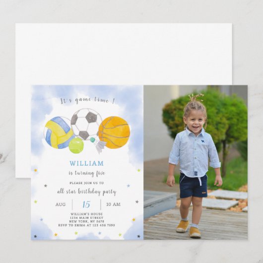 Sportballen Verjaardagsuitnodiging met foto Kaart (Voorkant / Achterkant)