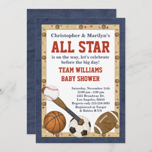 Sporten Alle Uitnodiging van het Baby shower van d (Voorkant / Achterkant)