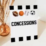 Sporten met als concessioneel beschouwd voedselbeh reclamebord met voetstuk<br><div class="desc">Dit is een 'Sportbord' met de titel Concessions. Het omvat een football,  honkbal,  basketbal,  en voetbal. baby shower decoraties,  verjaardagsdecor,  bday party borden,  bday snacks die eten,  dessert gunsten ideeën,  jongen baby shower decoratie</div>