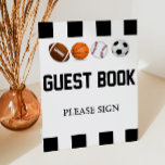 Sporten met het oog op het voetafdruk van de gastb reclamebord met voetstuk<br><div class="desc">Dit is een tafelbord met de titel "Gastboek" voor sport. Het omvat een football,  honkbal,  basketbal,  en voetbal. De versieringen van het baby shower,  het decor van het verjaardagsfeest,  bday partijtekens,  bday gastenboek,  adresboektafelideeën,  de versiering van het jongen baby shower</div>