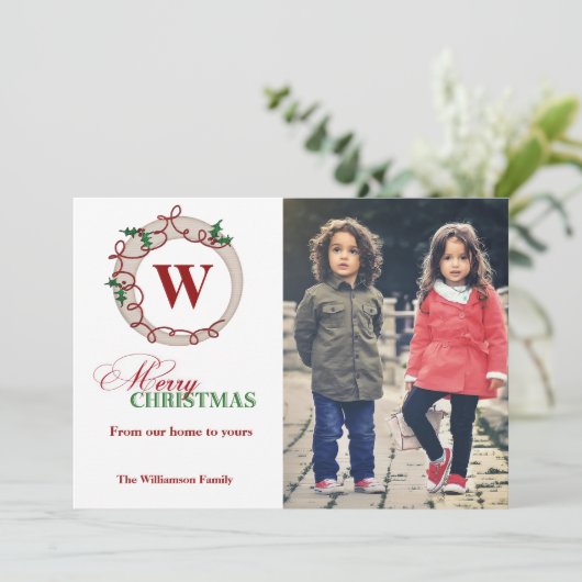 Sportfotokaart voor prettige kerstmonogram feestdagenkaart (Staand voorkant)