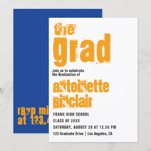 Sportief blauwe en oranje typografie grad-invitati kaart