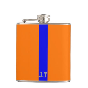 Sportief ontwerp oranje en blauwe monogram heupfles