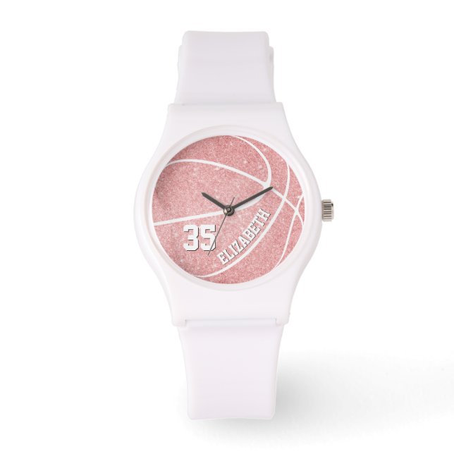 Sportief roze meisjes basketbal gepersonaliseerd horloge (Voorkant)