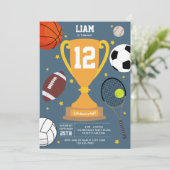 Sportieve ballen voor kinderen blauwe verjaardagsf kaart (Staand voorkant)