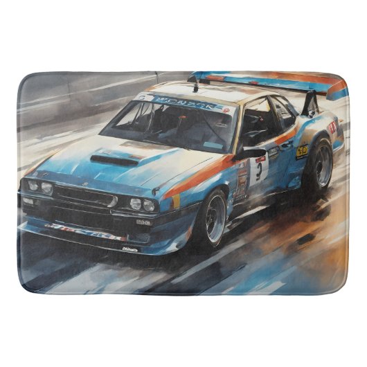 Sportieve blauwe racewagen badmat (Voorkant)