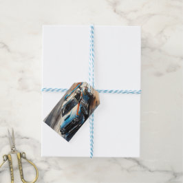 Sportieve blauwe racewagen cadeaulabel
