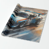 Sportieve blauwe racewagen cadeaupapier (Uitgerold)