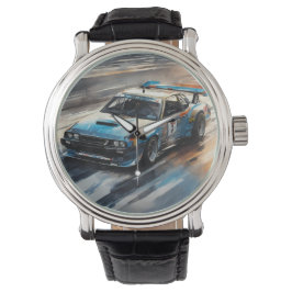 Sportieve blauwe racewagen horloge
