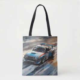 Sportieve blauwe racewagen tote bag