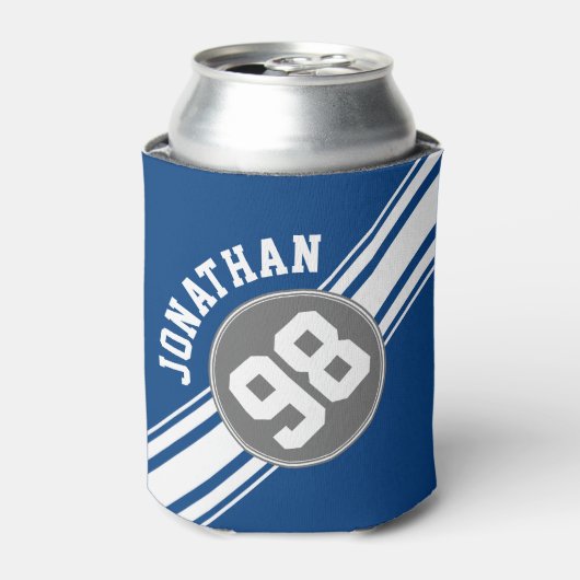 SportJersey Blue en grijze strepjes Blikjeskoeler (Blikje Voorkant)