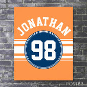 SportJersey Blue en Oranje Stripes Name Number Poster