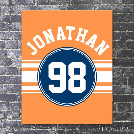SportJersey Blue en Oranje Stripes Name Number Poster