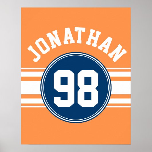 SportJersey Blue en Oranje Stripes Name Number Poster (Voorkant)
