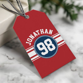 SportJersey Navy Blue & Red Stripes Name Number Cadeaulabel