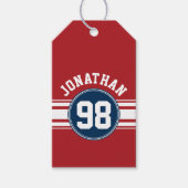 SportJersey Navy Blue & Red Stripes Name Number Cadeaulabel (Voorkant)