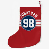 SportJersey Navy Blue & Red Stripes Name Number Kleine Kerstsok (Achterkant)