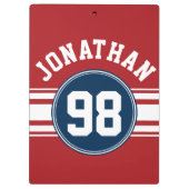 SportJersey Navy Blue & Red Stripes Name Number Klembord (Achterkant)