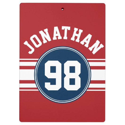 SportJersey Navy Blue & Red Stripes Name Number Klembord (Achterkant)