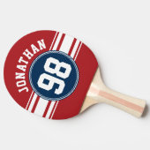 SportJersey Navy Blue & Red Stripes Name Number Tafeltennisbatje (Zijkant)