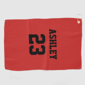 SportJersey nummer en naam rood op maat Golfhanddoek (Horizontaal)