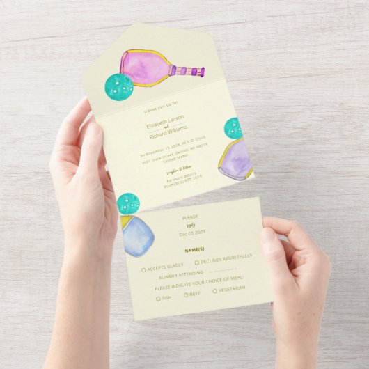 Sportliefhebber Waterverf Pickleball thema bruilof All In One Uitnodiging (Afscheurbaar)