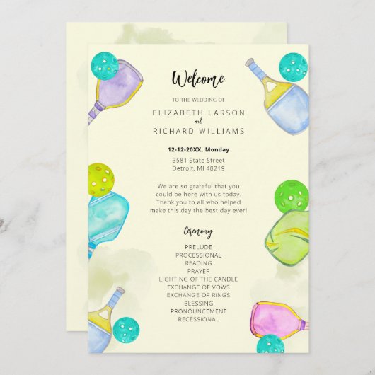 Sportliefhebber Waterverf Pickleball thema bruilof Programmakaart (Voorkant / Achterkant)