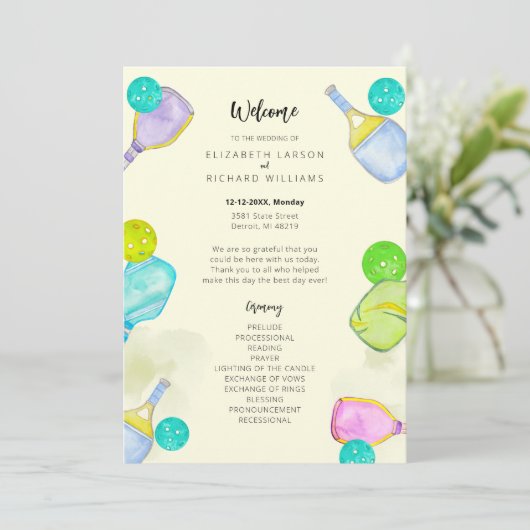 Sportliefhebber Waterverf Pickleball thema bruilof Programmakaart (Staand voorkant)