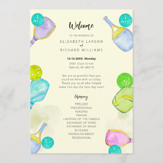 Sportliefhebber Waterverf Pickleball thema bruilof Programmakaart (Voorkant)