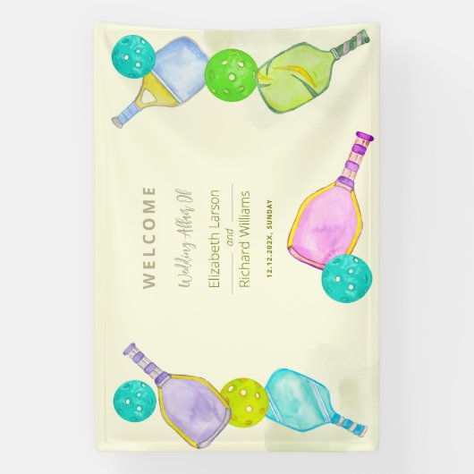 Sportliefhebber Waterverf Pickleball thema bruilof Spandoek (Verticaal)