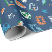 Sportpatroon met tekst, ballen en sterren cadeaupapier (Rol Hoek)