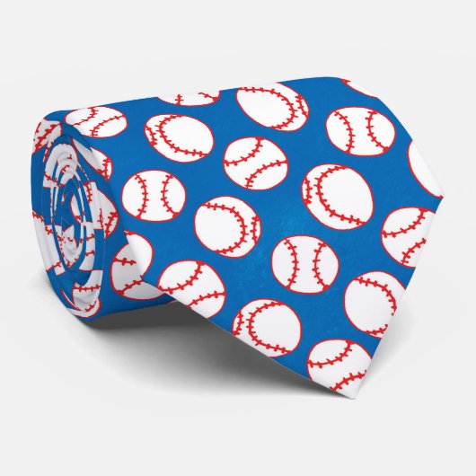 Sportrode en witte honkballen op blauw patroon stropdas (Opgerold)