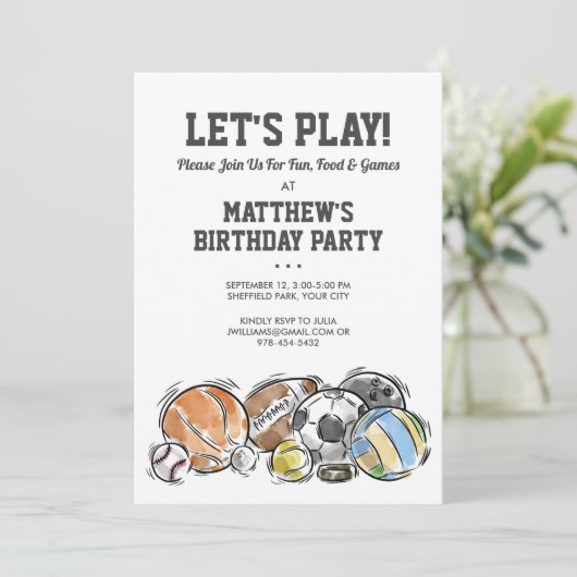 Sports Balls Athletic Birthday Party Invitation Kaart (Staand voorkant)